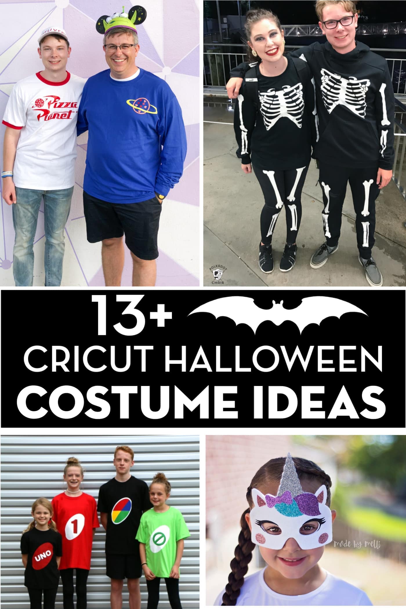 Collage de costumes d'Halloween DIY Cricut. Comprend des personnes habillées en costumes Toy Story, en costumes de squelette, en costumes de plateau de jeu et en costumes de licorne.