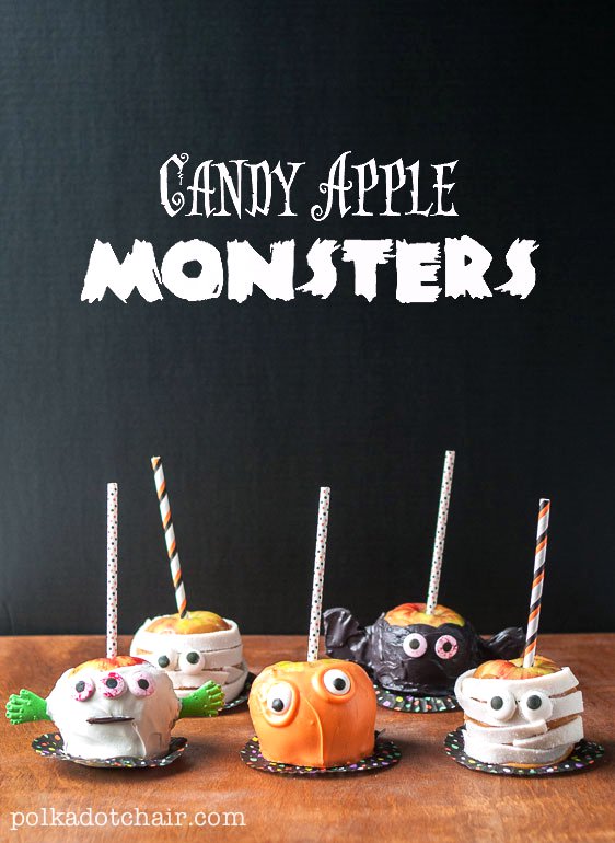 Recette de Pommes Caramel décorées comme des monstres, trop mignonnes ! Excellente idée de nourriture d'Halloween à servir.