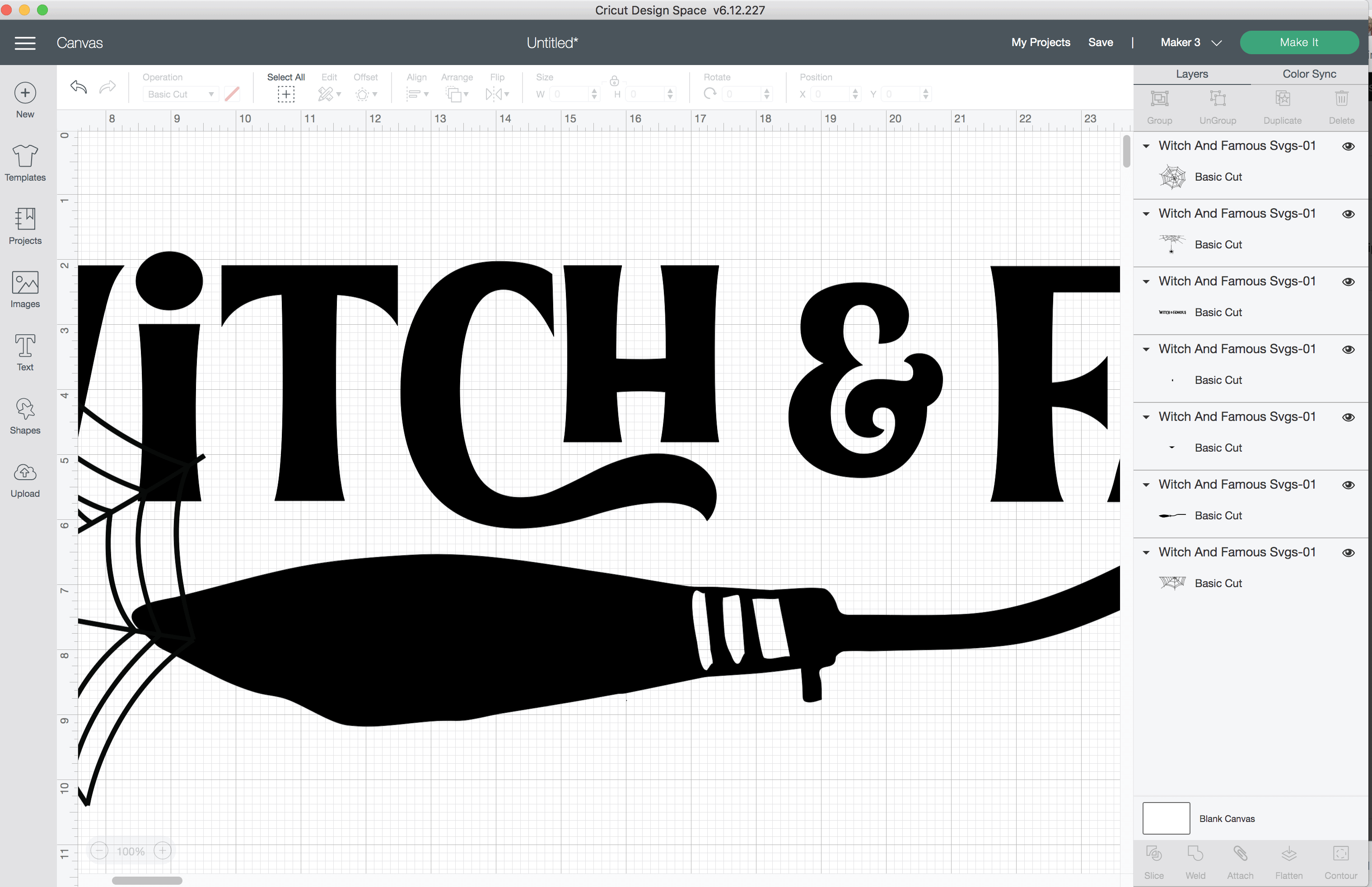 capture d'écran de l'espace de conception Cricut de la sorcière et du célèbre fichier SVG en cours de découpe