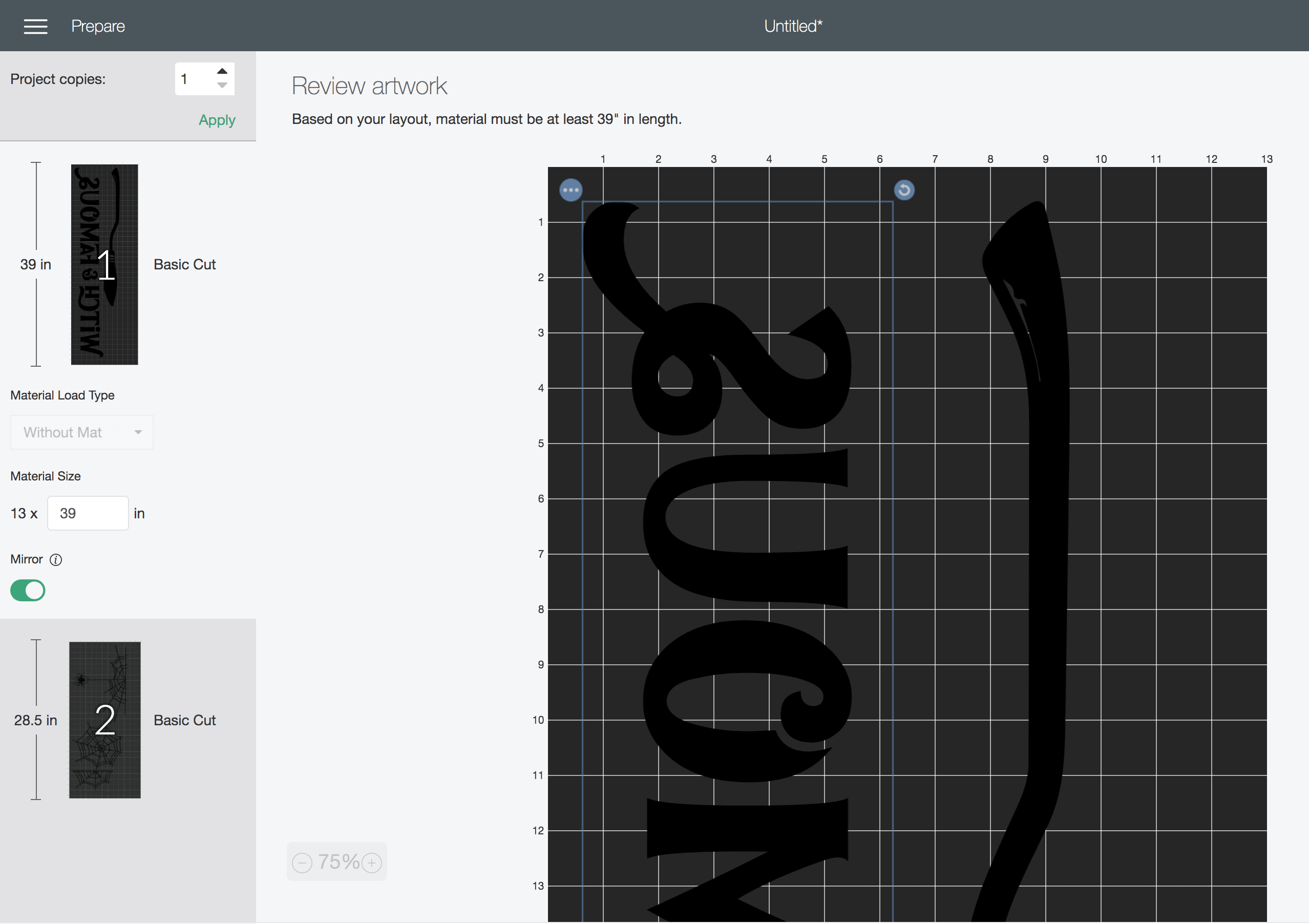capture d'écran de l'espace de conception Cricut de la sorcière et du célèbre fichier SVG en cours de découpe