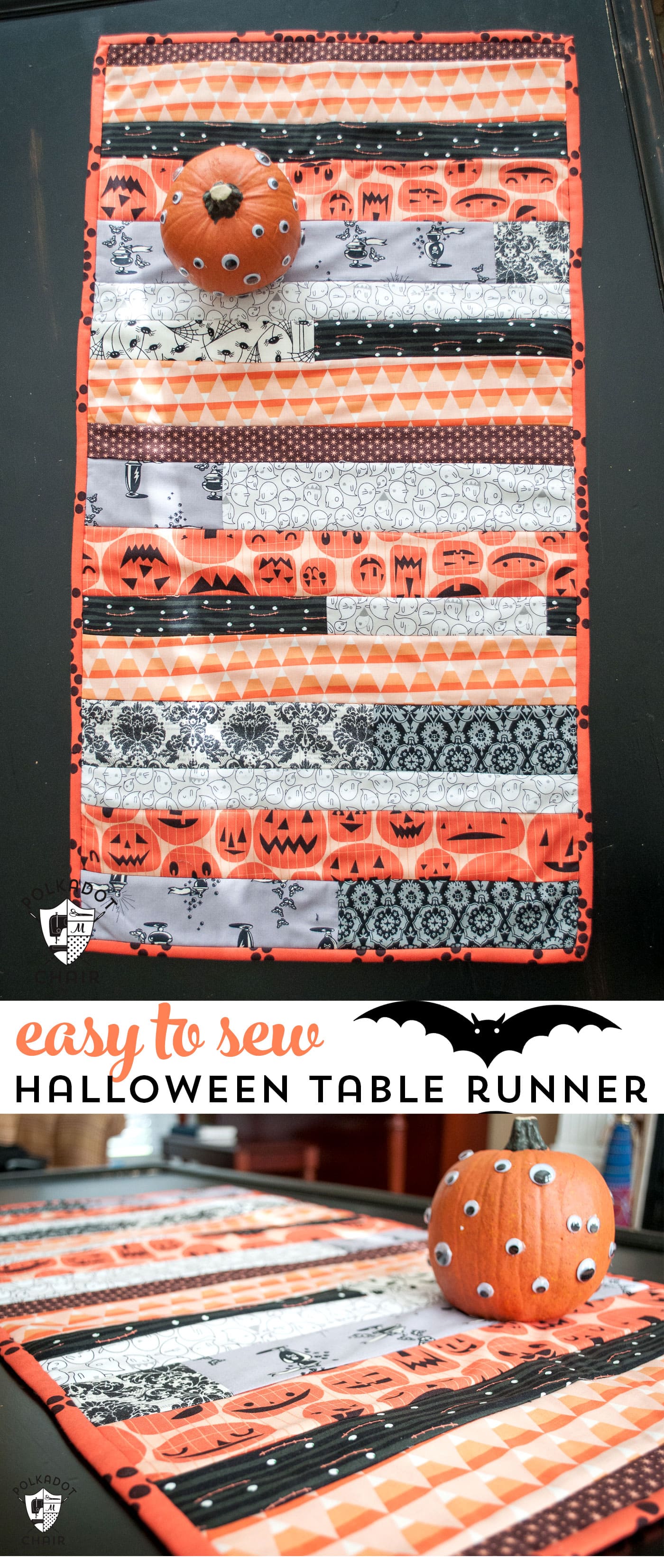 Joli chemin de table d'Halloween « quilt as you go » sur table noire