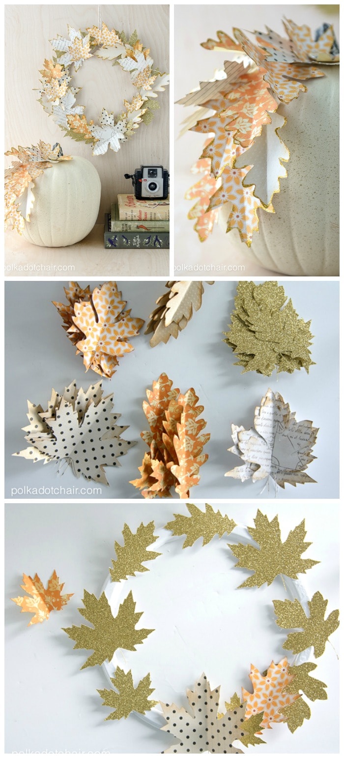 Utilisez des feuilles de papier pour créer une simple couronne d’automne ou comme façon élégante de décorer une citrouille pour l’automne.