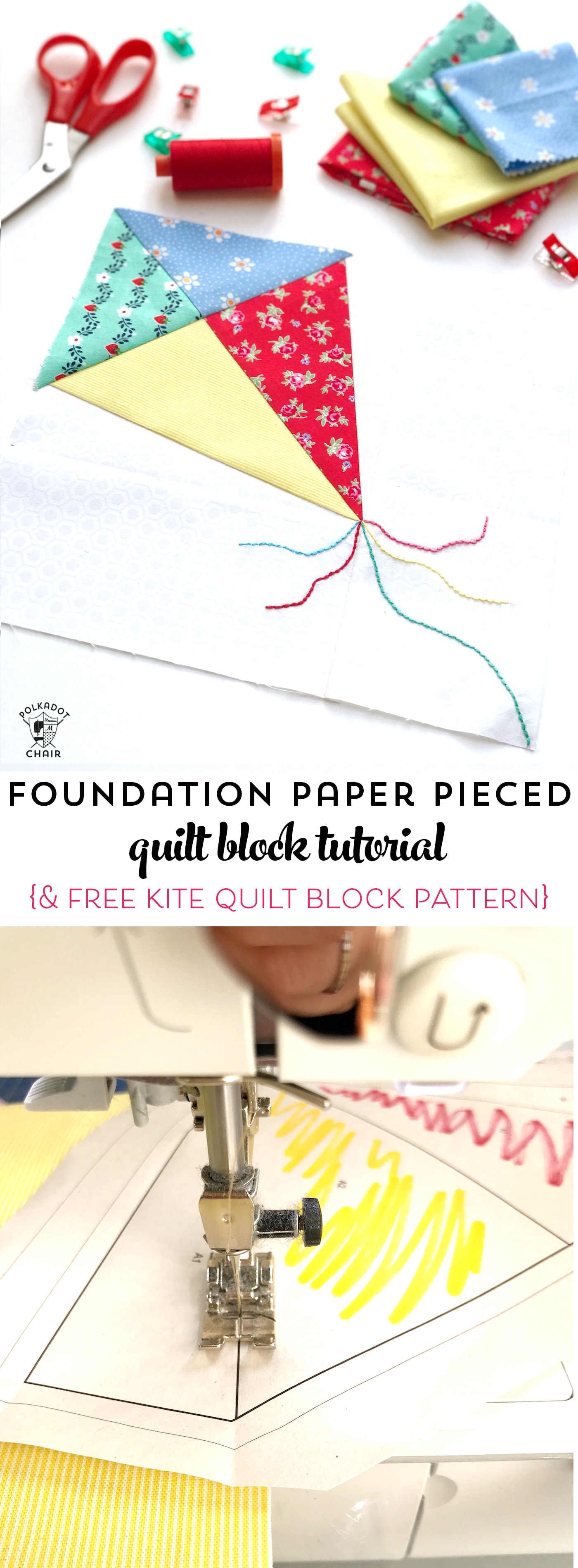 Apprenez à fabriquer du papier avec ce didacticiel d'assemblage de papier de base de Sarah Ashford sur polkadotchair.com. Comprend un modèle gratuit d'assemblage de papier cerf-volant #paperpiecing #foundationpaperpiecing #quilts #quiltblock #quiltpatterns