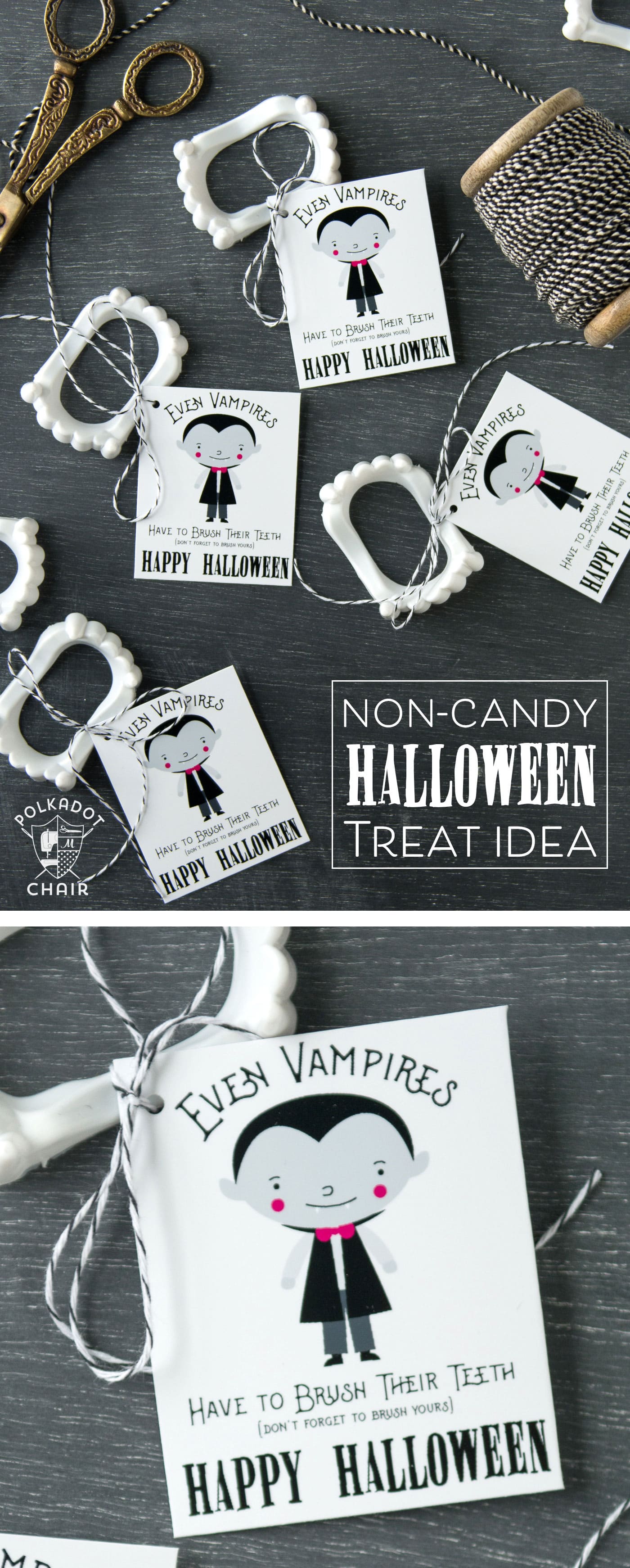 Idée mignonne de friandises d'Halloween sans bonbons - des étiquettes imprimables gratuites à attacher aux dents de vampire !