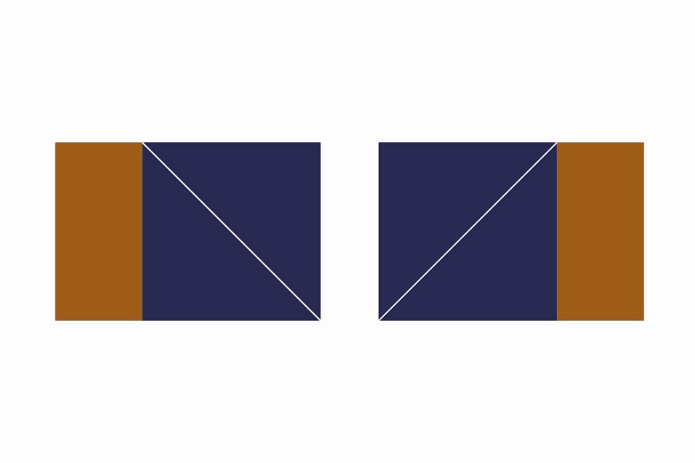 étape du schéma d'assemblage de la courtepointe, forme géométrique avec carrés et triangles bleu marine et cuivre