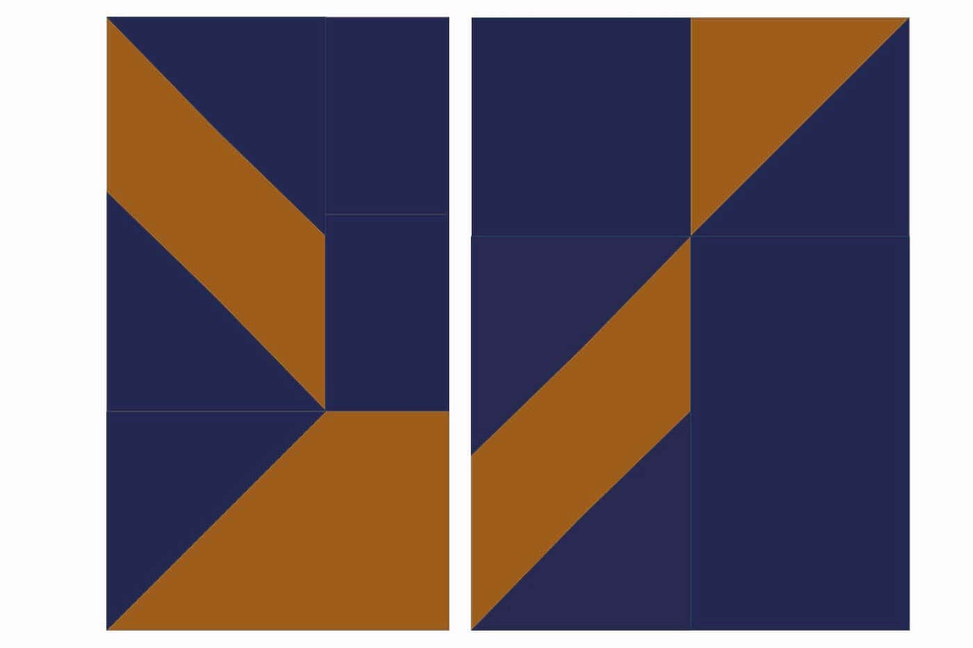 étape du schéma d'assemblage de la courtepointe, forme géométrique avec carrés et triangles bleu marine et cuivre