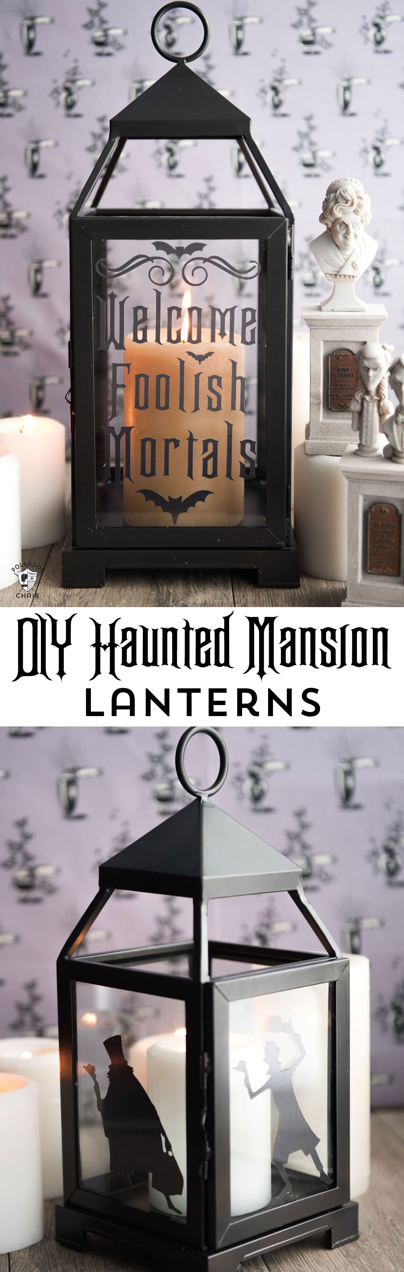 Idées de décoration d'Halloween DIY inspirées du manoir hanté - comment fabriquer de jolies lanternes du manoir hanté. Comprend des fichiers coupés gratuits pour votre Cricut.