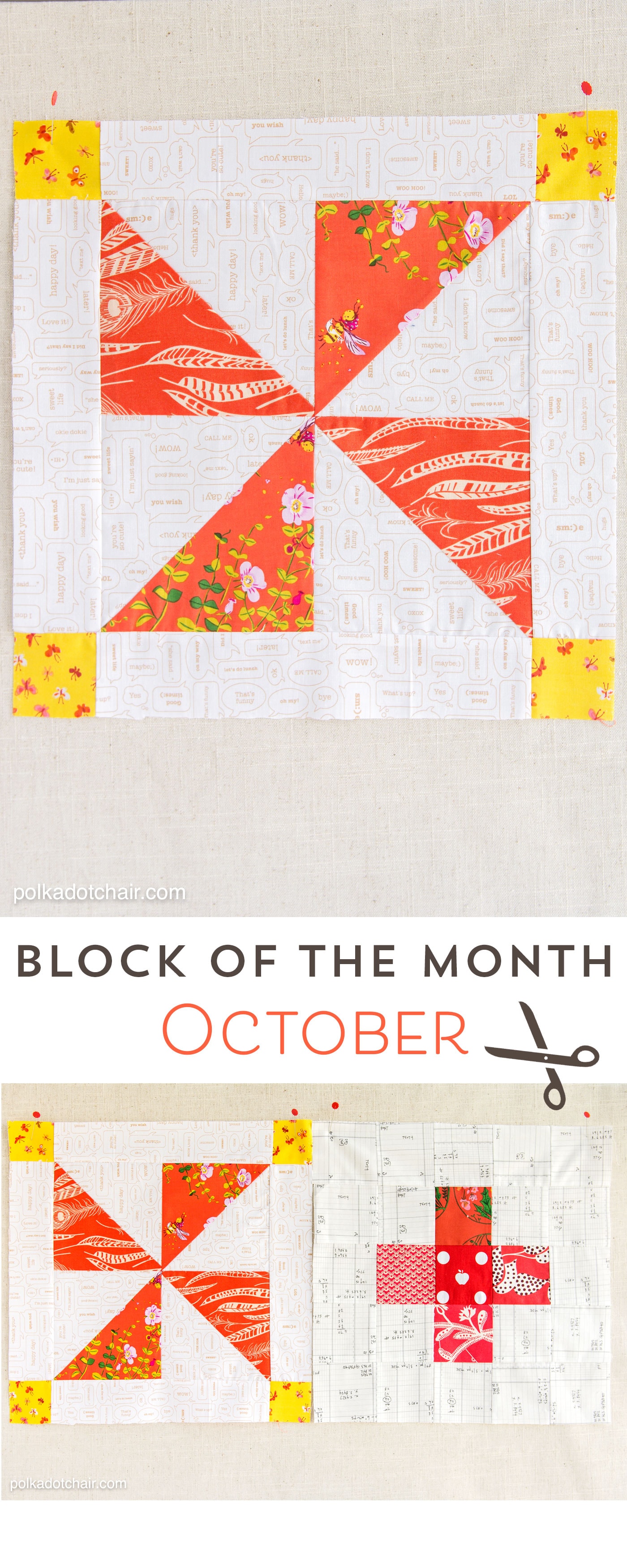 Le bloc de courtepointe du mois d'octobre, une variante d'un simple bloc de moulinet. Rejoignez la série bloc du mois et réalisez une courtepointe un mois à la fois.