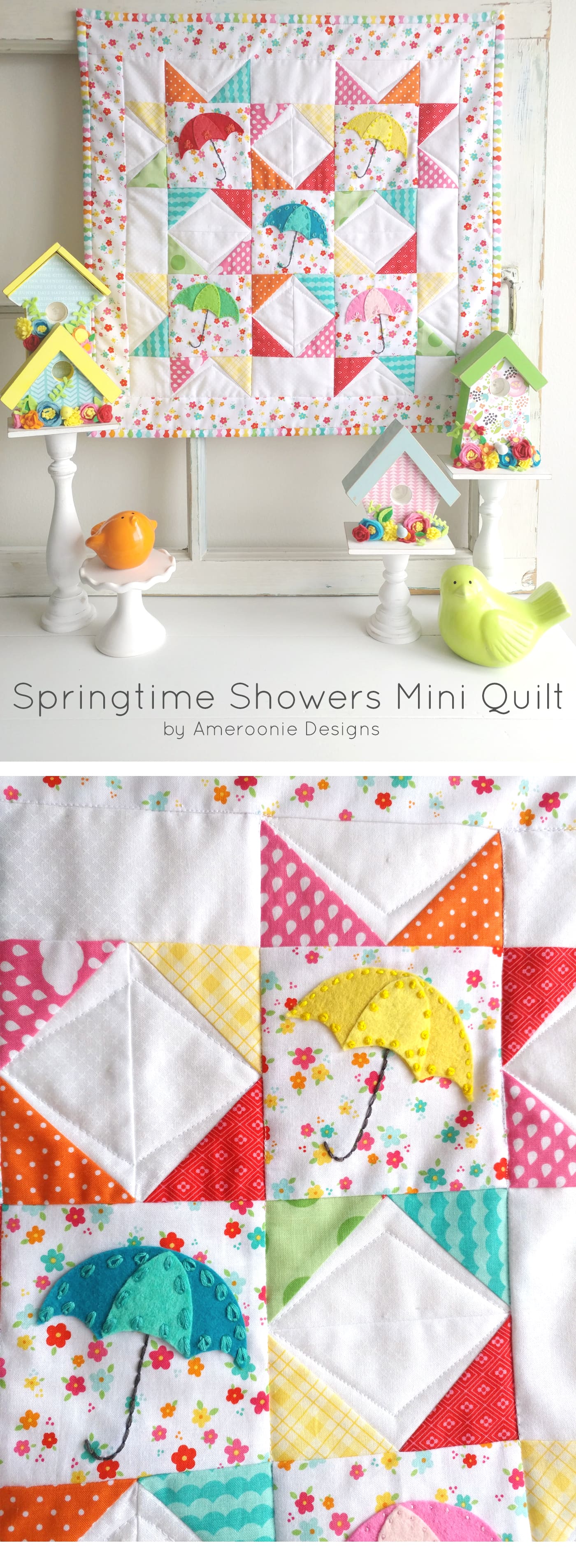 Modèle de courtepointe gratuit pour les douches printanières ; serait aussi un joli oreiller DIY pour le printemps. #miniquilt #miniquiltmotif