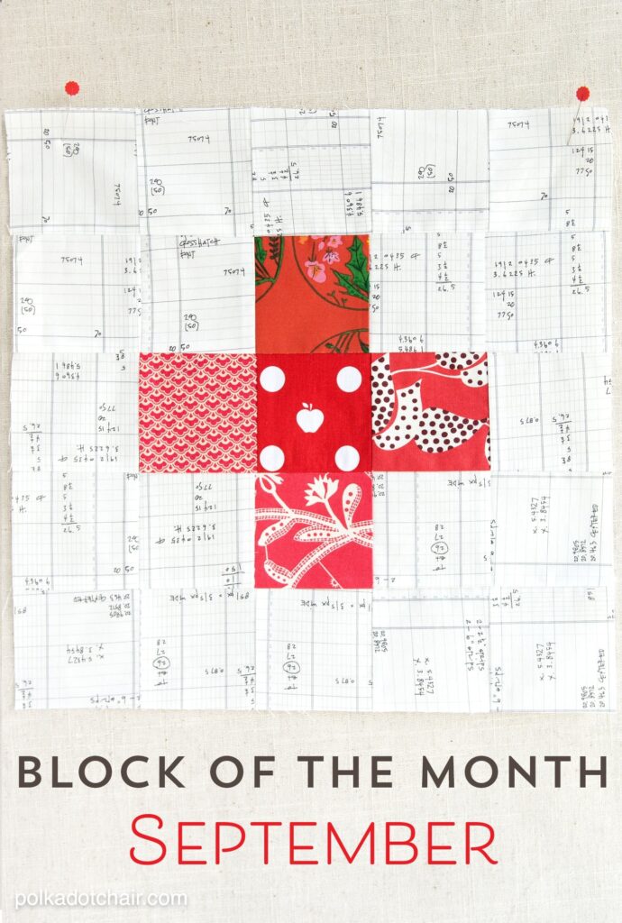 Le bloc de courtepointe du mois de septembre, une variante d'un simple bloc de moulinet. rejoignez le bloc de la série mensuelle et faites une courtepointe un mois à la fois.