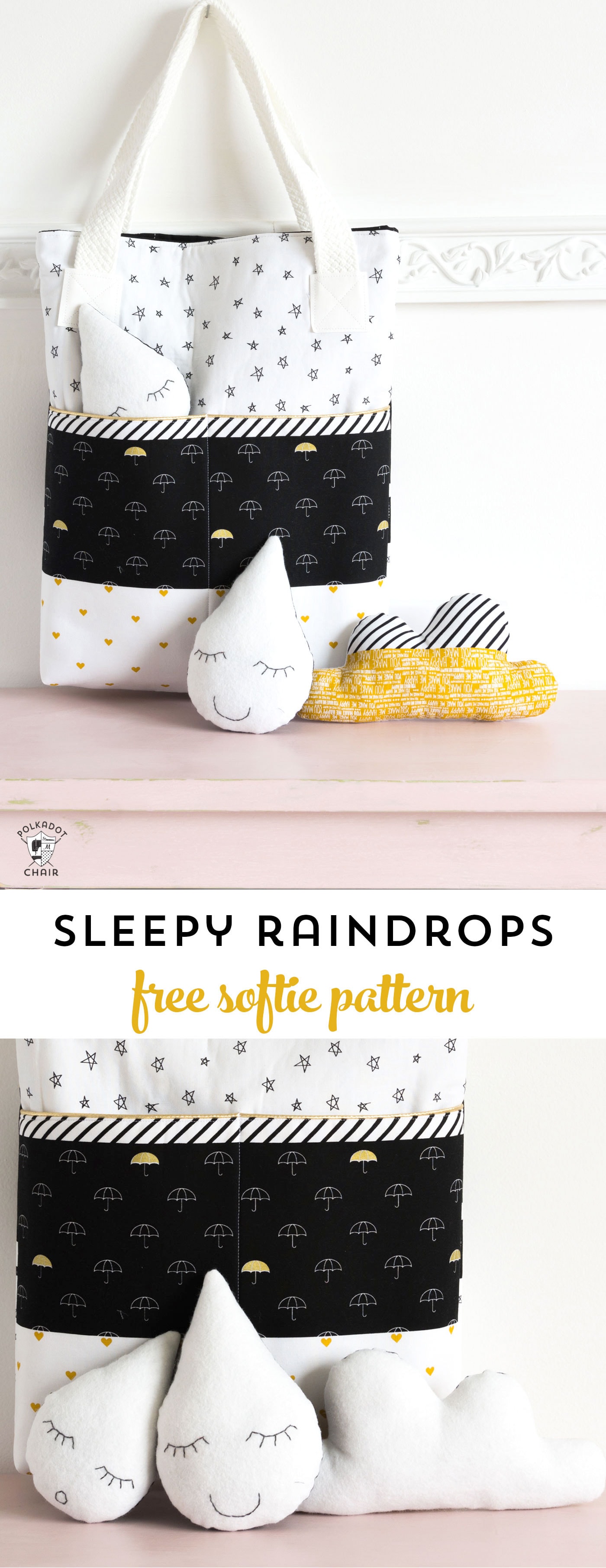 "Sleepy Raindrops", un patron de couture softie gratuit - fait une jolie idée de cadeau de baby shower !