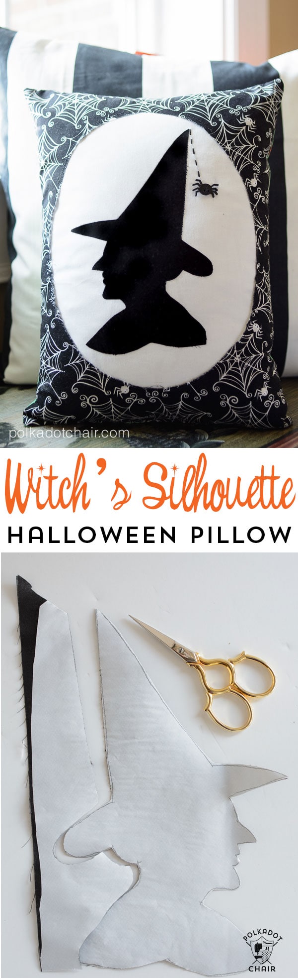 "Silhouette de sorcière" Un modèle d'oreiller d'Halloween de polkadotchair.com