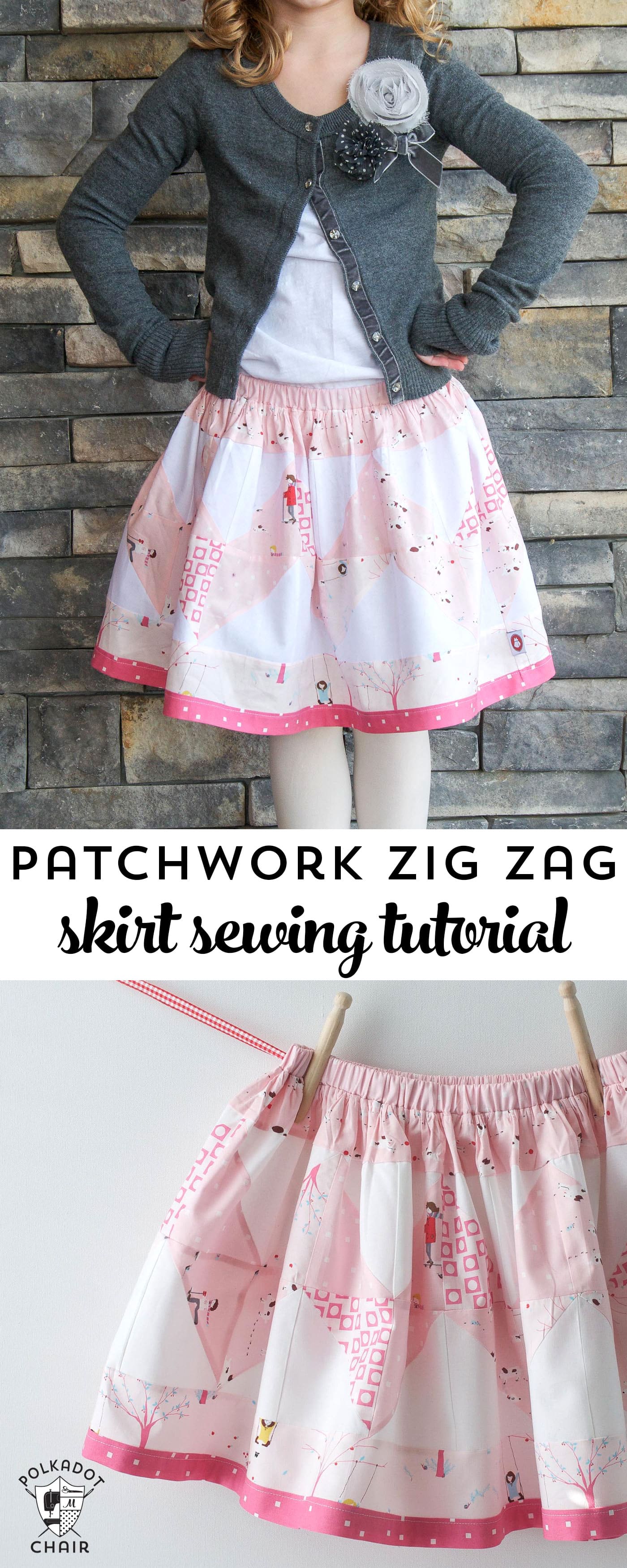 Tutoriel de couture gratuit pour réaliser une jupe en patchwork en zigzag pour petites filles - utilise des packs de charmes - super rapide et mignon !